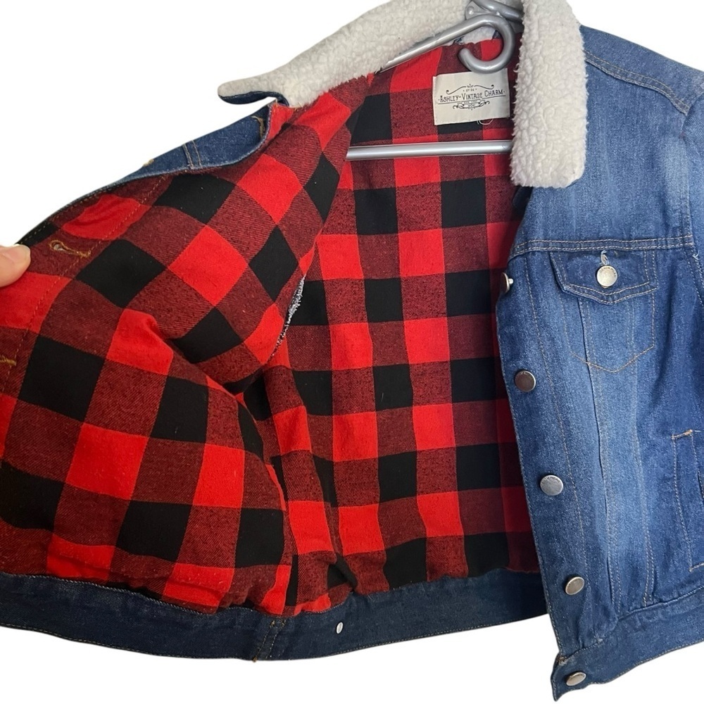 Ashley Vintage Charm Sherpa Buffalo Plaid Denim Jacket Size Medium Jeans - Picture 5 of 7